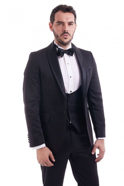 COSTUM CEREMONIE CU VESTA NEGRU SLIM FIT D'S DAMAT